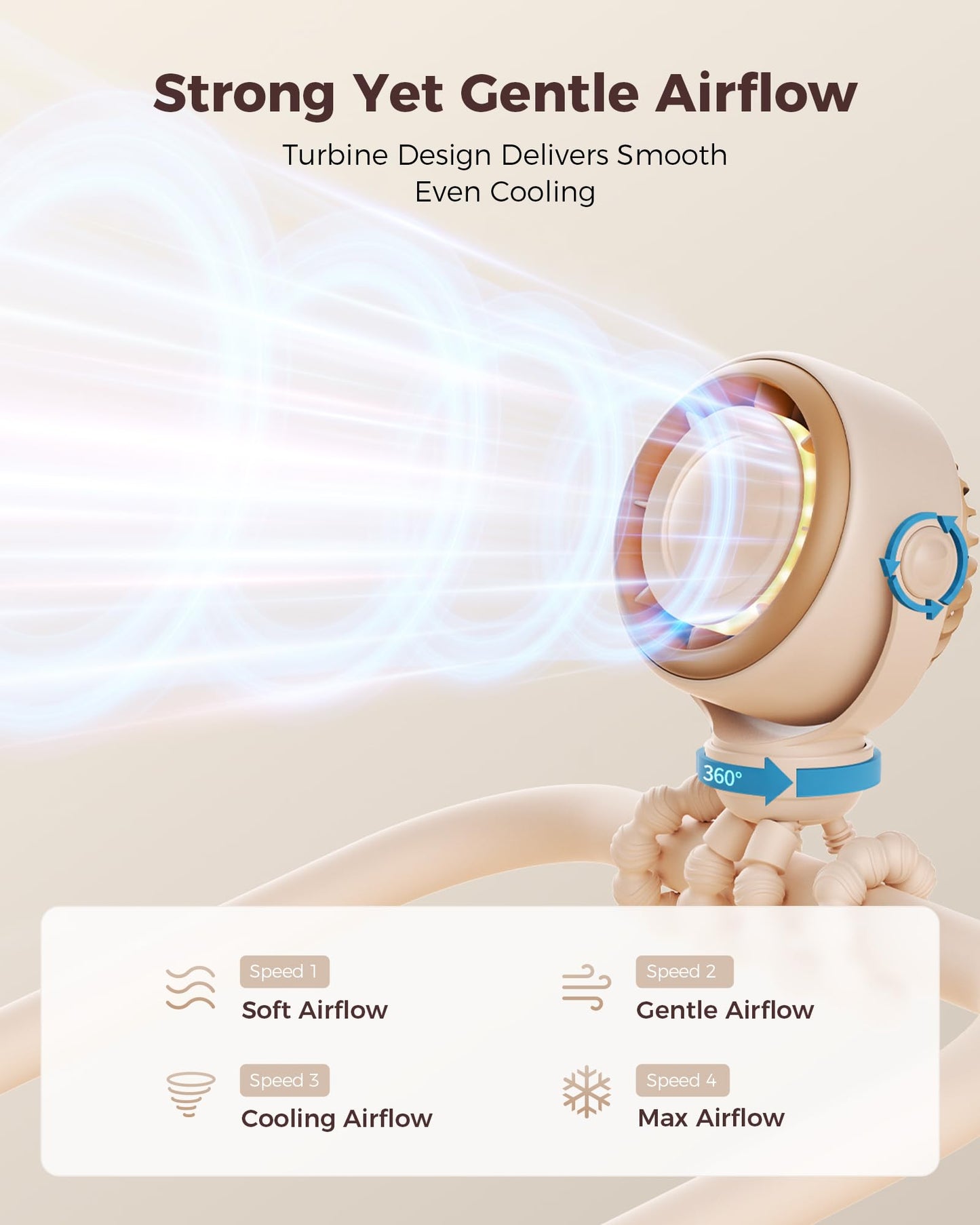 SWEETFULL Baby Stroller Fan, Safe Portable Fan, 15H Use, Nightlight - Brown