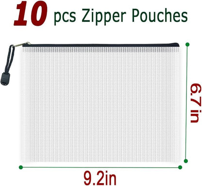 AUSTARK 10 Pcs Zipper File Bags, Waterproof Plastic Mesh Pouch for Office School, Board Game Storage Bags (A5 Size 9.2''x6.7'', White and Black)