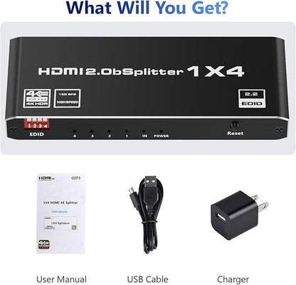 HDMI 2.0 Splitter 1 in 4 Out, LUKFOCAB 1x4 HDMI Splitter 4K@60Hz 8:8:8 HDR, HDMI 2.0, HDCP 2.2, 18Gbps, Auto EDID, Supports UHD 3D D-o-l-b-y 4 Ports Mirror Mode and Multichannel Audio Streams