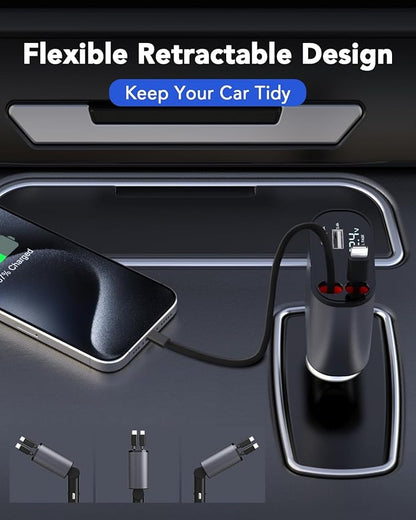 Retractable Car Charger, 4 in 1 Fast Charging 69W, Cigarette Lighter Adapter 2 Retractable iPhone Cables and USB Car Charger,Compatible with iPhone 15/14/13/12/11,Galaxy,Pixel