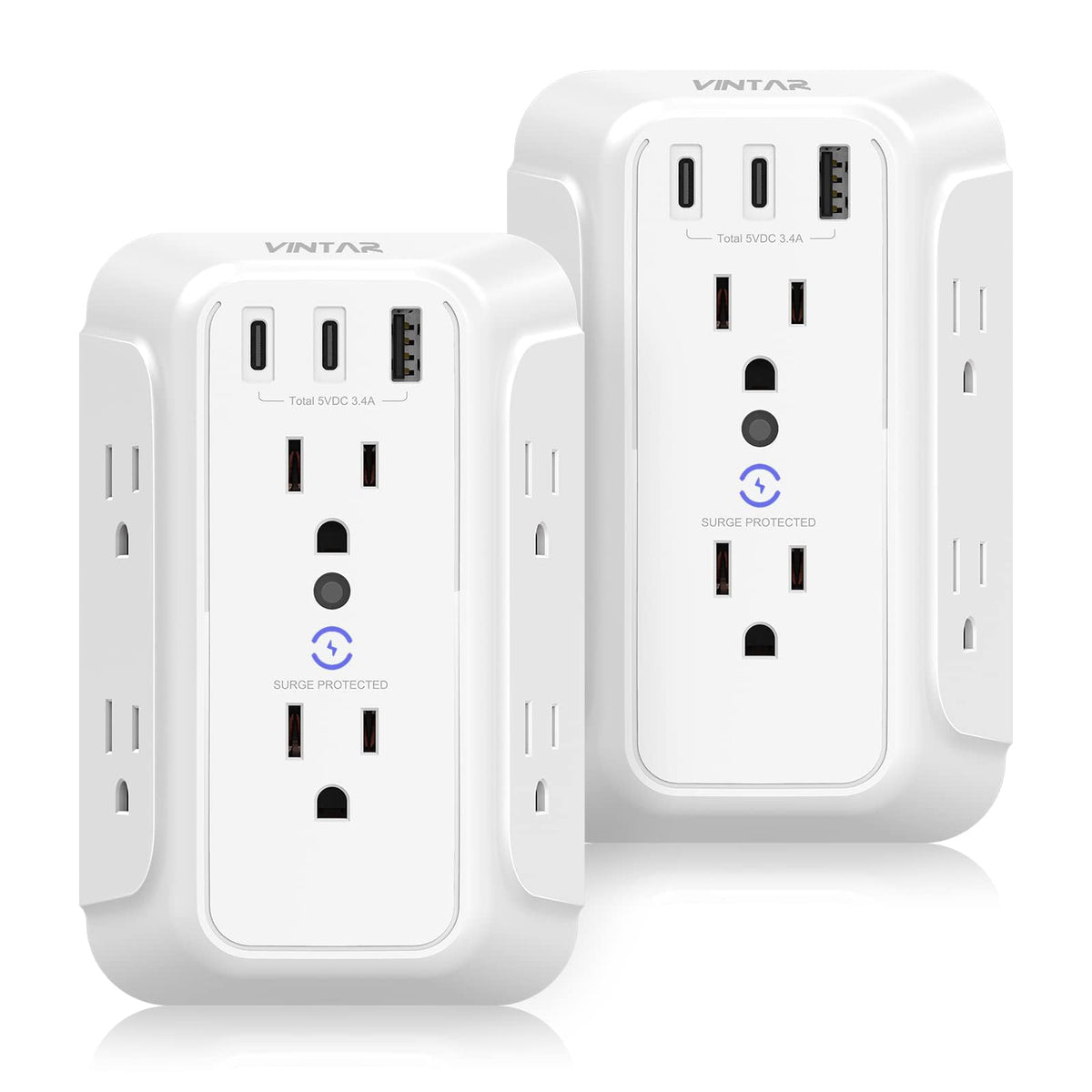 VINTAR Outlet Extender, 6 Outlets Wall Charger with 3 USB(1 USB C,3.4A)