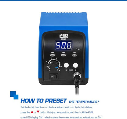 Hot Air Rework Station, Prostormer 120V Digital Display Heat Gun with 3 Sets Stored Temperature and Sleep Mode, Airflow Efficiency, Accurate Temp 100~500 ℃ (212~932°F) for Electronics Repairing