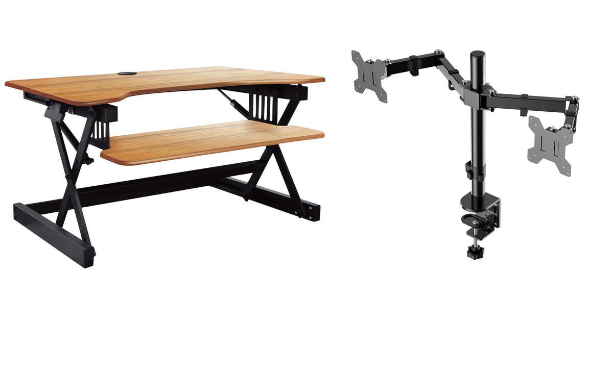 Rocelco 32" Height Adjustable Standing Desk Converter - Sit Stand Computer Workstation Riser - Dual Monitor Retractable Keyboard Tray Gas Spring Assist - Black (R EADRB2)