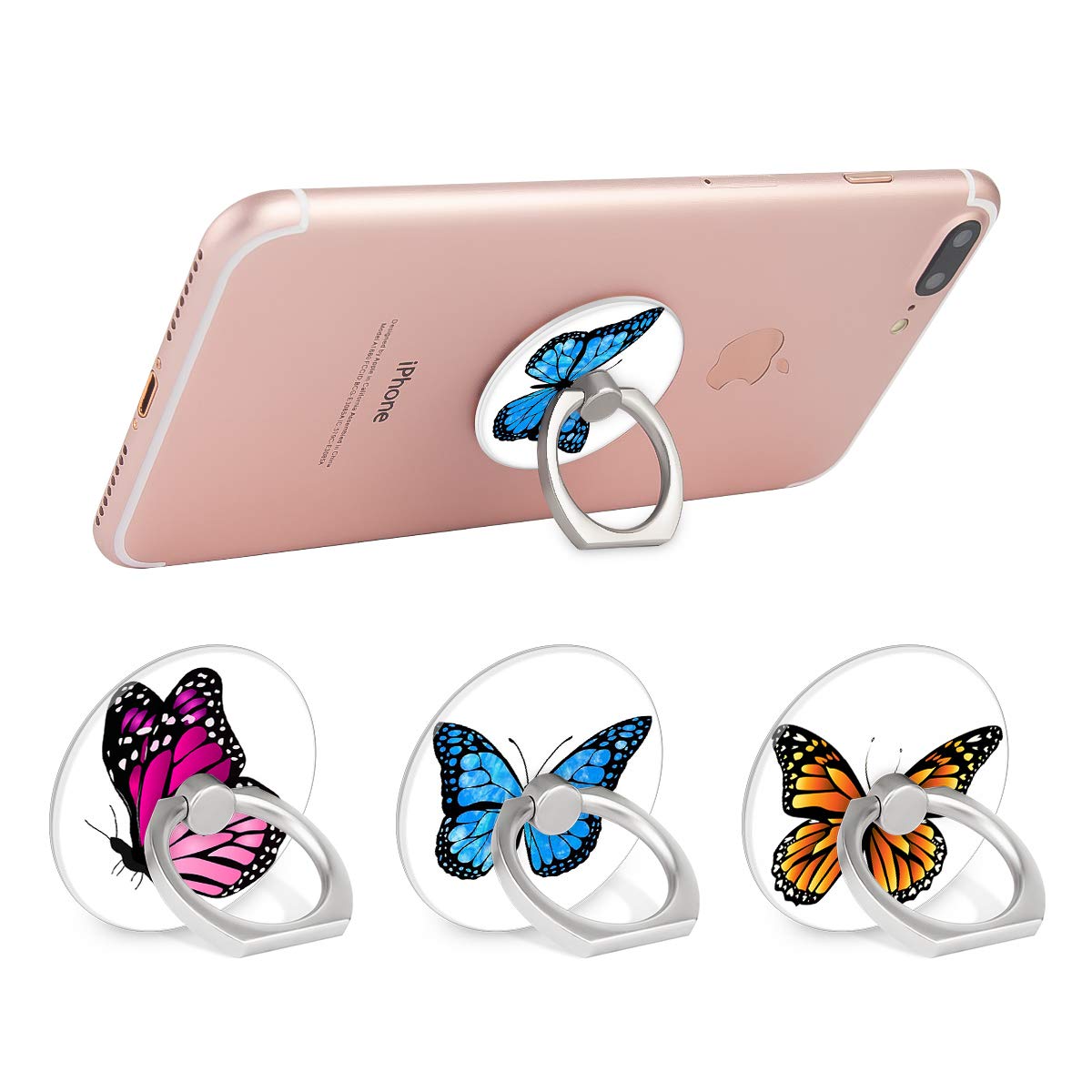 Bonoma Finger Ring Stand, 3 Pack Butterfly 360 Degree Rotation Phone Ring Stand Grip Holder Compatible with Smartphones and Tablets