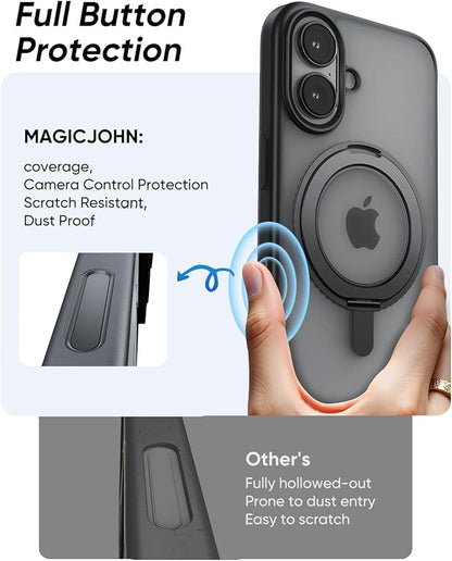MAGIC JOHN 360° Rotatable Magnetic Invisible Stand for iPhone 16 Case [Camera Control Button] [Compatible with MagSafe] 16FT Shockof for iPhone 16 Case with Kickstand, Black