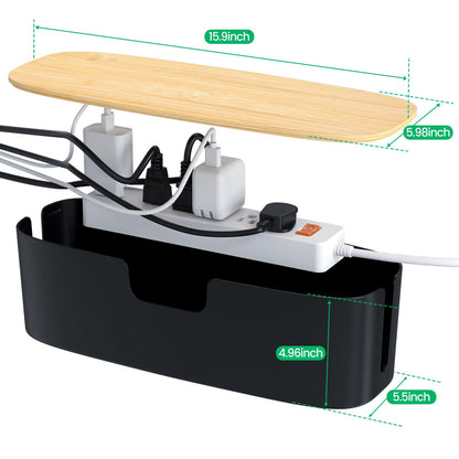 Large Cable Management Box - Cord Organize Box with Bamboo lid for Safe Home & Office, Cord Hider for Power Strip Under Desk, Cover TV Wires, Child & Pet Proof Cord Box, Black
