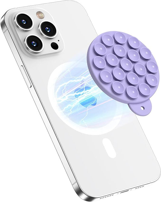 HSAOHD Magnetic Suction Cup Phone Mount with MagSafe, Silicone Hands-Free Grip Holder for iPhone Case and Android, Mirror Shower Phone Stand for Makeup FaceTime Gym Kitchen Bathroom, Lilac Purple