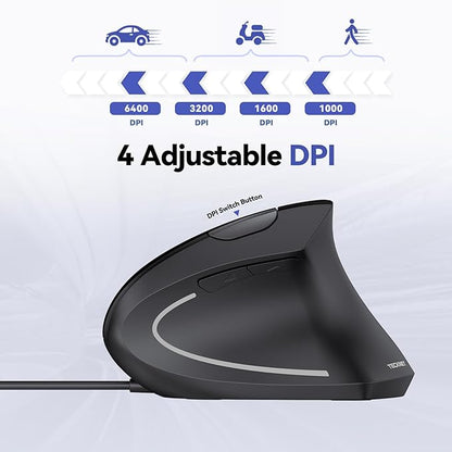 TECKNET Wired Mouse, 6400 DPI Ergonomic Mouse 6 Buttons Silent Mice 4 Adjustable DPI Vertical Mouse Compatible with Windows/Chrome/Laptop/Computer