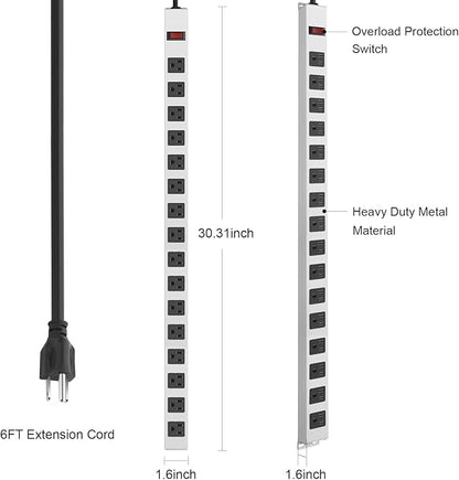 JUNNUJ Metal 16 Outlet Power Strip, Mountable Heavy Duty Power Strip, 1200J Surge Protector Wall Mount Screws Outlet with Switch, Gaming Desk Strips Wide Spaced 15A 125V 1875W, 6 FT 14AWG Power Cord