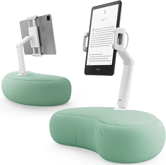 SAIJI Kindle Stand for Bed – iPad & Tablet Pillow Holder with Flexible Dual Axis Arm & Microbead Cushion, 360° Adjustable Lap Beanbag Phone Holder Fits Devices with 4.7"–15.6" Screens (Cyan)