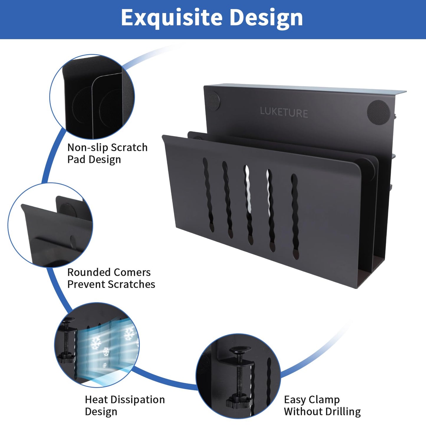 LUKETURE 2 Tier Desk Side Storage, No Drill Laptop Mount with Pen Holder