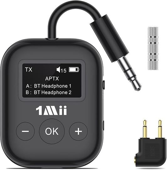 1Mii Airplane Bluetooth 5.3 Transmitter for All Headphones - Bluetooth Adapter for TV - Dual Connection - aptX Low Latency - Flying Travel, Wireless Audio Aux for MP3, Game, PC-Black