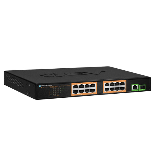 BV-Tech 18-Port Gigabit PoE+ Switch | 16 PoE+ Ports @ 120W & 2 Gigabit Uplink Ports | 802.3af/at 30W/Port | Unmanaged Plug and Play | for IP Cameras & Access Points