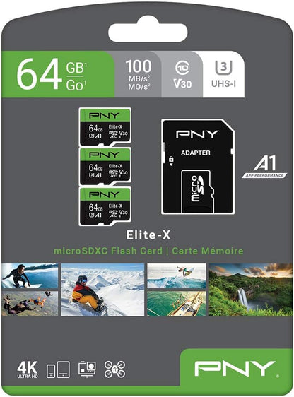 PNY 64GB Elite-X Class 10 U3 V30 A1 microSDXC Flash Memory Card 3-Pack
