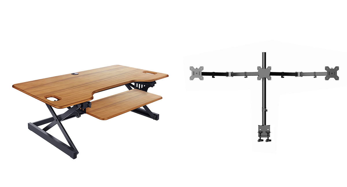 Rocelco 32" Height Adjustable Standing Desk Converter - Sit Stand Computer Workstation Riser - Dual Monitor Retractable Keyboard Tray Gas Spring Assist - Black (R EADRB2)