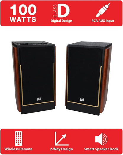 Dual Electronics LUHSL20B Cherrywood and Black 2-Way Bookshelf Speakers with Bluetooth | Home Stereo, PC | Loud & Deep Rich Bass | Wireless Remote Control | Smart Speaker Dock | Sold in Pairs
