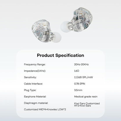 Linsoul Kiwi Ears Orchestra Lite Performance Custom 8BA in-Ear Monitor IEM with Detachable 4-core 7N Oxygen-Free Copper OFC Cable, Handcrafts Faceplate for Audiophile Studio Musician (Clear)
