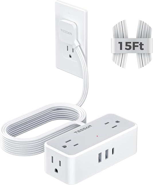 TESSAN Extension Cord 15 FT, Power Strip with 900J Surge Protection, Grey