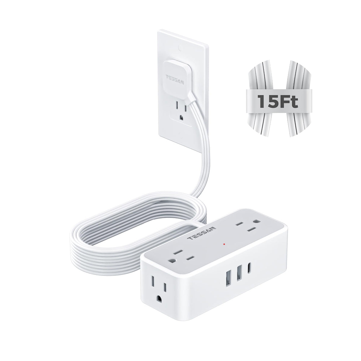 TESSAN Extension Cord 5 FT, Power Strip with 900J Surge Protection, Grey