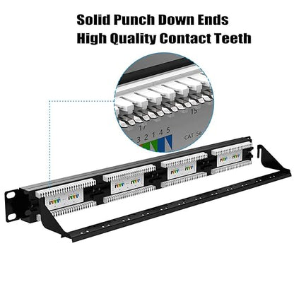 AMPCOM Premium Series CAT5/5e 24 Ports Patch Panel, Rack Mount - 1U, 19 inch, RJ45 Ethernet 568A 568B, 15u Gold Plated, with Rear Cable Support Bar