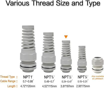 LeMotech 20Pcs NPT 1/2" IP68 Waterproof Cable Gland Flex Spiral Strain Relief Grey Nylon Joint with Gaskets for 6-12mm Wire Thread