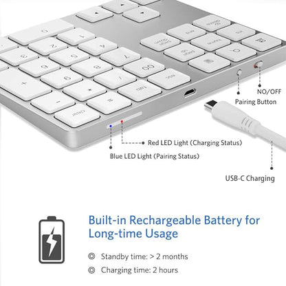 Bluetooth Number Pad, Wireless Numeric Keypad, USB-C Rechargeable External 34-Keys Numpad, Financial Data Entry Keyboard for iMac, MacBook Air/Pro, PC Desktop, Laptop Notebook(Silver)