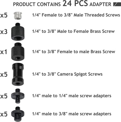 24 Pcs Camera Screw Adapter Set - 1/4 to 3/8 Tripod Mount Converter for Camera, Monopod, Ballhead, Flash Light Stand