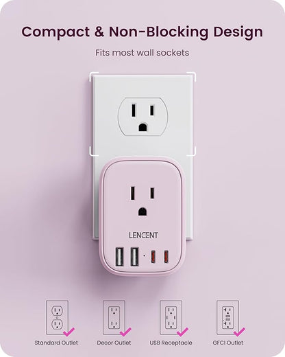 LENCENT Multi Plug Outlet Extender with USB C, 4 AC Electrical Outlet Expander with 4 USB Charger Cube, Small Multiple Wall Tap Plug Splitter for Home Office Travel Cruise Dorm Essentials- Pink
