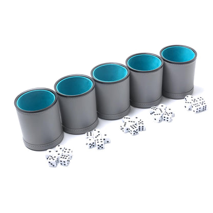 5 Pack PU Leather Dice Cups Felt Lining Quiet Shaker with 30 Dot Dice for Bar Party Yahtzee Farkle Dice Games, Grey
