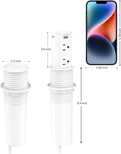 Pop up Outlet for Countertop,2.5-inch Hole Desktop Power Grommet,Recessed Power Strip,20W USB C Fast Charging,4 Outlets 4 USB Ports,15Amp Tamper Resistant Receptacle,White