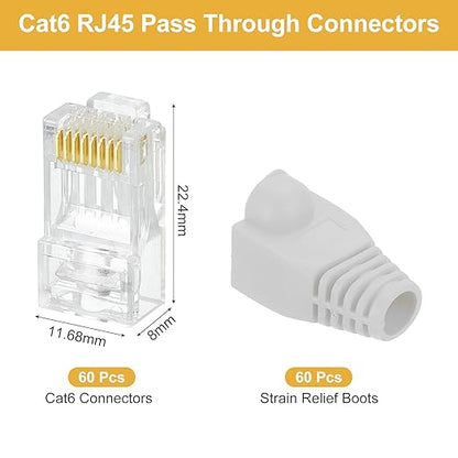 MECCANIXITY 60pcs Cat6 RJ45 Pass Through Connectors, RJ45 Connector 8P8C Gold Plated Plugs with 60pcs Light Grey Strain Relief Boots for Solid or Stranded UTP Ethernet Cable, 1.1mm