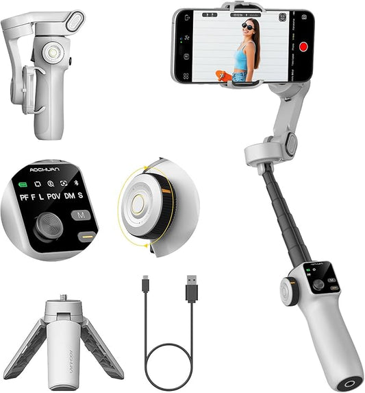 Gimbal Stabilizer for iPhone & Android, 3-Axis Phone Gimbal with OLED Screen, 7.8" Extendable Rod, Face & Gesture Tracking, Ideal for Vlogging, Travel & Video Recording-Smart V8 White