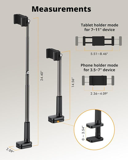Phone Holder for Bed, 360° Rotation Cell Phone Stand, Flexible Long Arm Headboard Bedside Clip, Multi-Functional Overhead Phone Mount for 3.5-11" Phones, Tablets, Kindle, Black