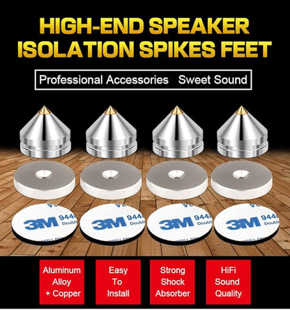 4Pcs Speaker Spikes Floor Protectors Shockproof Speaker Isolation Spikes with Base Pad for Speaker,Subwoofer,Amplifier,Turntable,Recorder CD DAC with 3m Adhesive (Silver)
