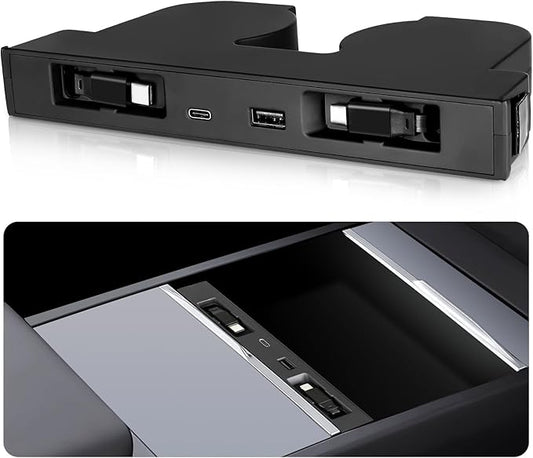 DGXWLLW USB Hub for Tesla Model Y Juniper 2025 2026 Model 3 Highland 2024 2025 with Sunken Design, 117W Dual Type-C Retractable Cables 4 in 1 Multi Port Fast Charger Docking Station fit Center Console