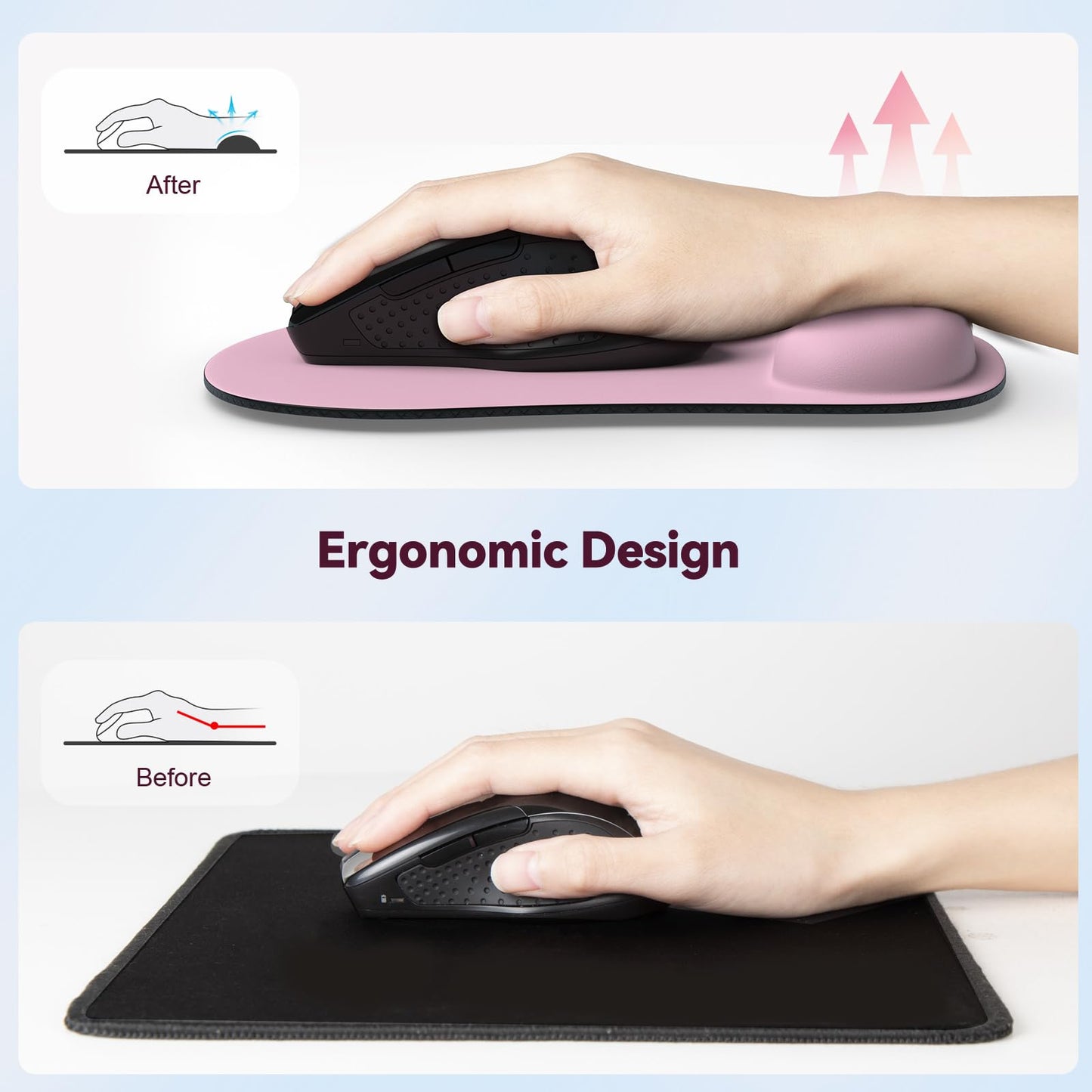 TECKNET 2 Pack Gaming Ergonomic Mouse Pad with Wrist Support Pink