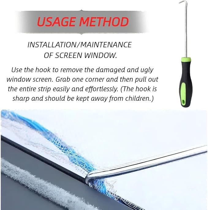 Screen Repair Tool Kit – Includes 2 Types of Screen Roller Tools, 32ft Screen Retainer Spline, and Spline Removal Hook – 4-in-1 Window & Door Mesh Installation Set