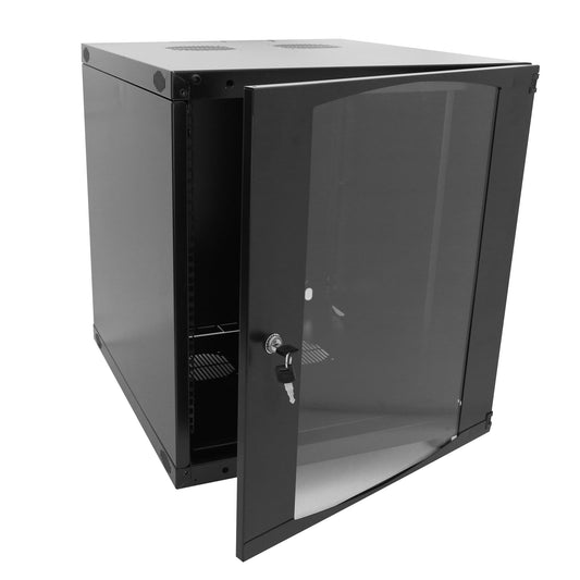 GlobalRack 9U Wall Mount Cabinet, Glass Door, Locking Casters, 2 Fans