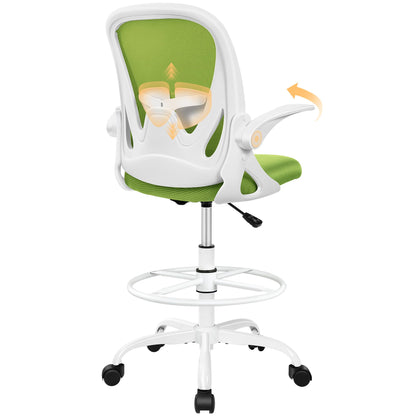 Drafting Chair Tall Office Chair with Flip-up Armrests, Adjustable Height, and Enhanced Lumbar Support - Ergonomic Rolling Stool, Back Support, and Adjustable Foot Rest Ring Light Blue