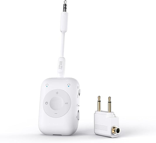 MEE audio Connect Air Pro Bluetooth Wireless Audio Transmitter & Receiver for AirPods or Bluetooth Headphones, 2-in-1 Adapter with Detachable Cable 3.5mm Aux Audio Jack for Airplanes, Auto, Gym, White