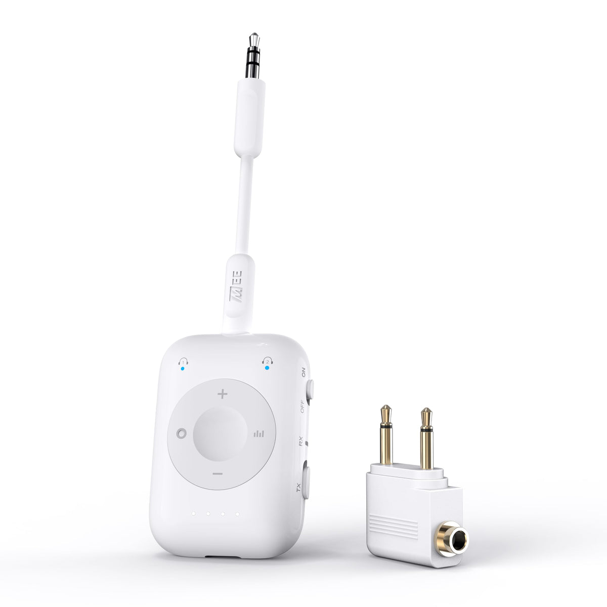 MEE audio Connect Air Pro (2 PACK) Bluetooth Wireless Audio Transmitter & Receiver for AirPods or Bluetooth Headphones, 2-in-1 Adapter with Detachable Cable for 3.5mm devices on Airplanes, Black&White