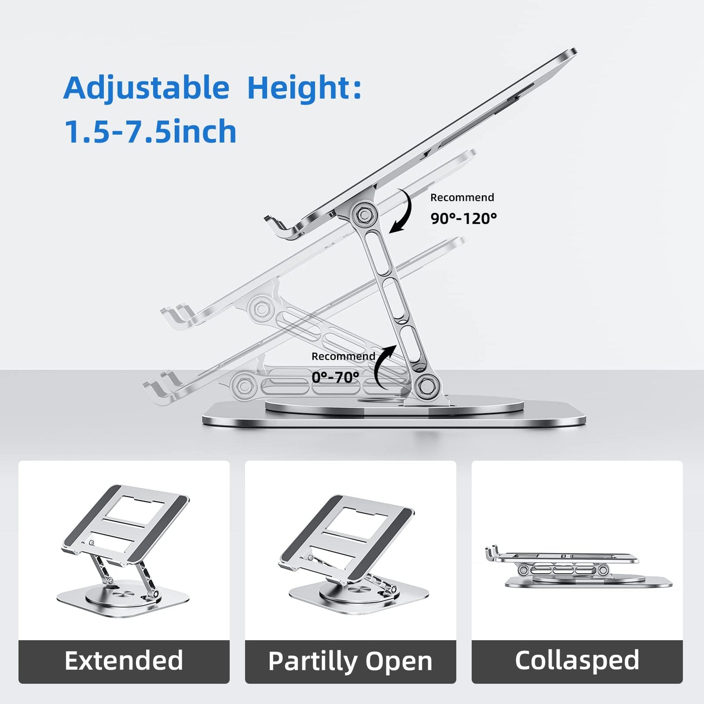 MCHOSE Laptop Stand with 360° Rotating Base, Foldable Adjustable Computer Holder, Ergonomic Design Compatible with MacBook Air Pro, Dell XPS, HP, Lenovo More 10-17" (A-Silver)