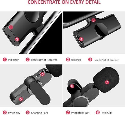 Wireless Clip Mic, Wireless Lavalier Microphones, Lapel Clip-on Microphone, for iPhone 15, Smartphone, Laptop, Video Recording, Tiktok, Facebook Live, YouTube Live Stream