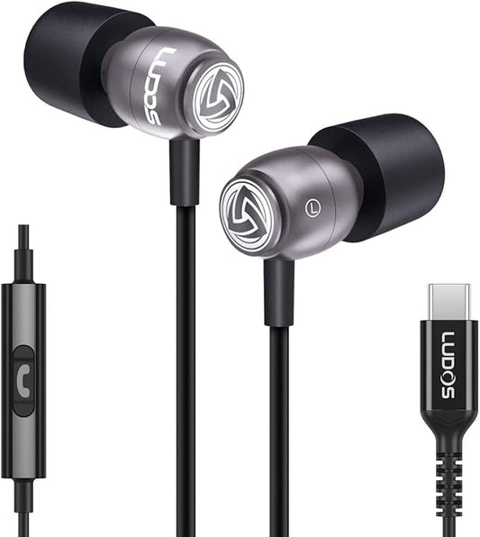 LUDOS Clamor USB C Headphones for iPhone 16 15 Pro Max Plus iPad Pro, 5 Years Warranty, USB-C Earbuds for Samsung Galaxy S24 S23 Ultra S22 S21 FE S20 A55 A54 A53, USB Type C Earphones - Grey