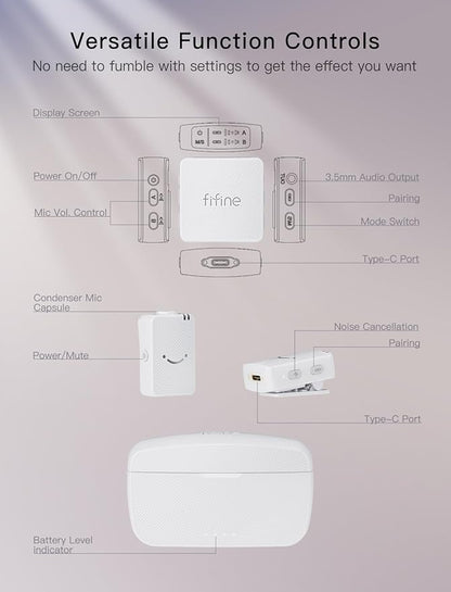 FIFINE Wireless Lavalier Microphone System, Lapel Dual Microphones Clip-on for Video Recording, Vlog, Interview, Podcast Mic Kit Compatible for iPhone, Camera, Smartphone, 30H Battery Life-M9 White
