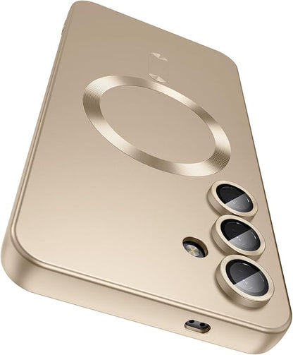 Magnetic for Samsung Galaxy S24 Case [Compatible with MagSafe][Built-in Camera Lens Protector] Slim Soft Silicone Bumper Shockproof Metallic Luster Phone Case (Gold)