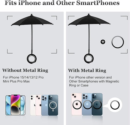 Magnetic Umbrella Phone Stand for Sun Protection,Adjustable Sun Shade Shield for iPhone 16/15/14/13/12 Pro Max,Samsung & Google,Detachable Ring Stand,Heat-Resistant Design,Car Mount Compatible, Black