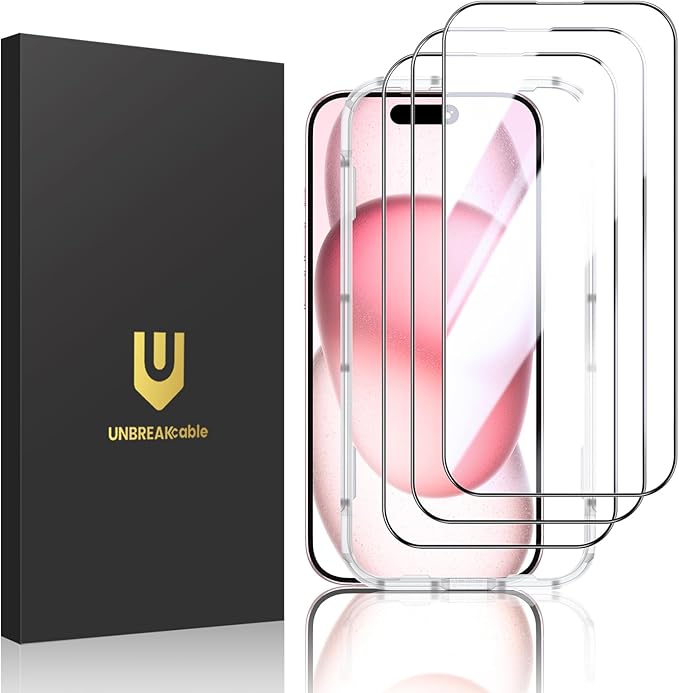 UNBREAKcable 3-Pack Screen Protector for iPhone 15, Double Shatterproof Tempered Glass [Easy Installation Frame] [99.99% HD Clear] [9H Hardness] [Full Coverage] [Case Friendly] for iPhone 6.1 inch