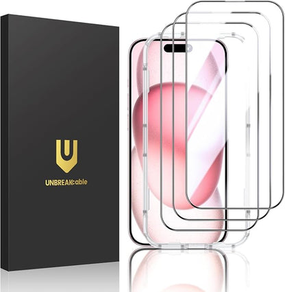 UNBREAKcable 3-Pack Screen Protector for iPhone 15, Double Shatterproof Tempered Glass [Easy Installation Frame] [99.99% HD Clear] [9H Hardness] [Full Coverage] [Case Friendly] for iPhone 6.1 inch
