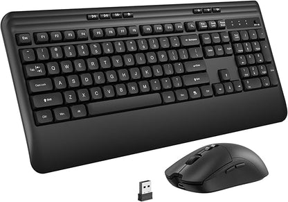 Wireless Keyboard and Mouse Set with Quiet Keys, 2.4G Full Size Ergonomic Keyboard with Wrist Rest, Protective Covers, Soft Touch Silent Design for Windows, Computer, PC and Laptop